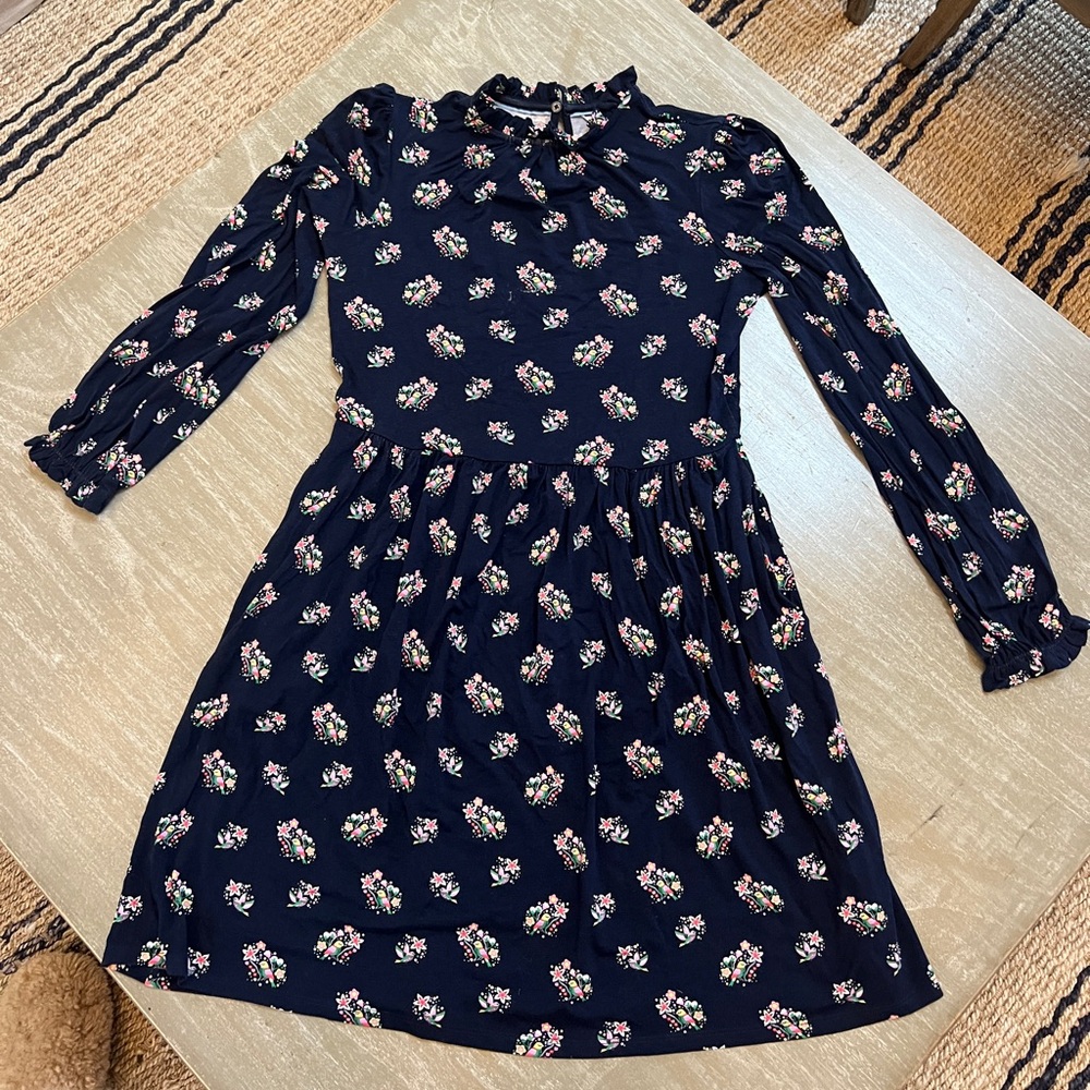 Boden  blue floral dress. Mock ruffle neck with ruffled wrists. Size 6R.